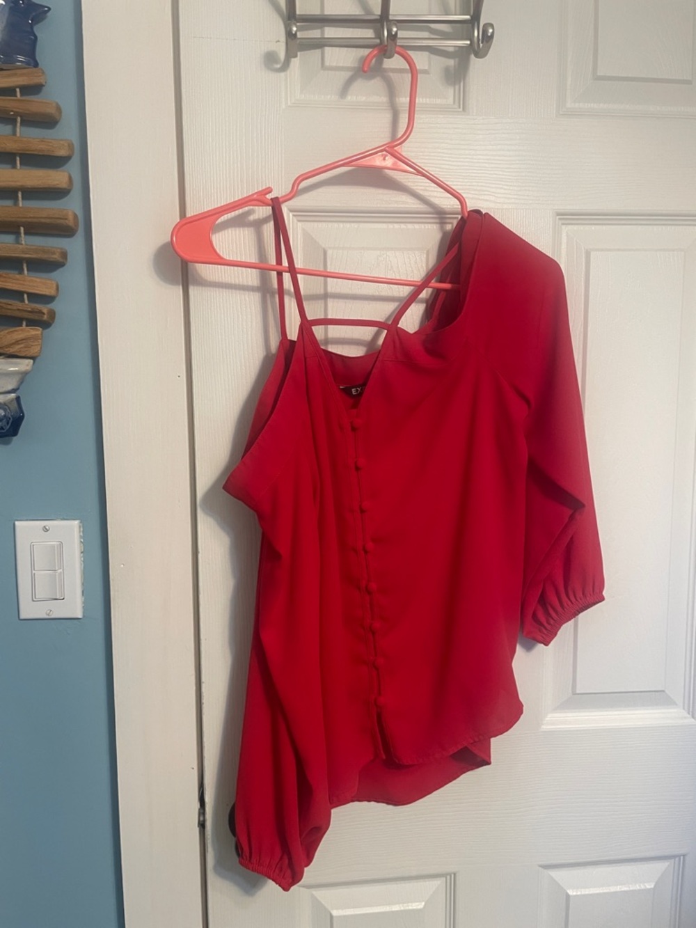 Express Red Covered-Button Blouse with Strappy Back